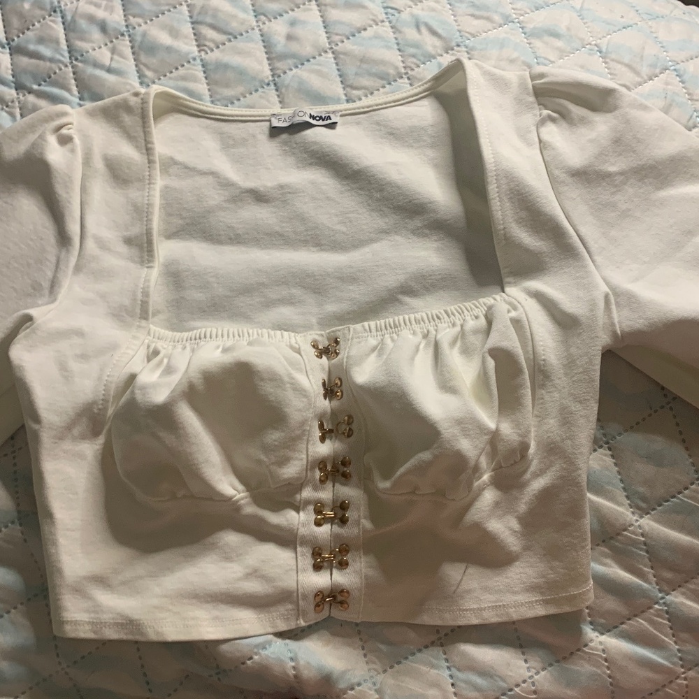Corset style puff sleeve crop top with hook and eye detail